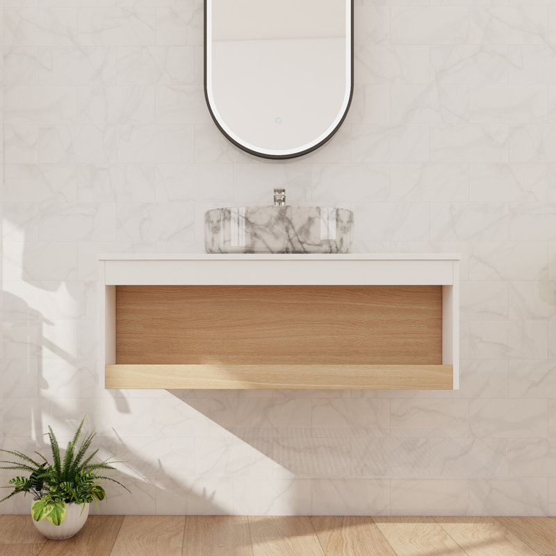 Meuble-lavabo mural simple 36 po avec lavabo en céramique et comptoir flottant avec 1 tablette ouverte, L 36 po, Blanc / Gris