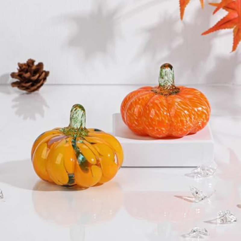 Ensemble de décorations d'automne en verre et citrouille - 2 citrouilles soufflées à la main pour des décorations d'automne, Halloween, action de grâce, centre de table de récolte, décorations d'automne
