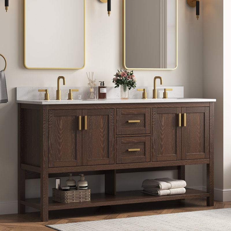 Aastha 61" Freestanding Walnut Bathroom Vanity With Double Sinks & Engineered Stone Top, 61"