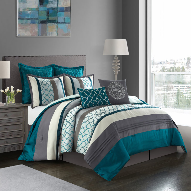 Avalon Microfiber Modern & Contemporary 8 Piece Comforter Set, Queen Comforter + 7 Additional Pieces, Blue/Gray