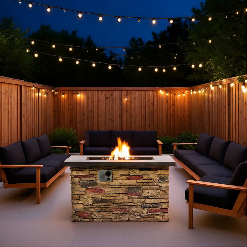 50000 Propane Fire Pit For Patio, 42 - Inch Rectangular Design, Clean Burning, And Adjustable Flame Outdoor Pit, Concrete, With Hidden Tank Cover