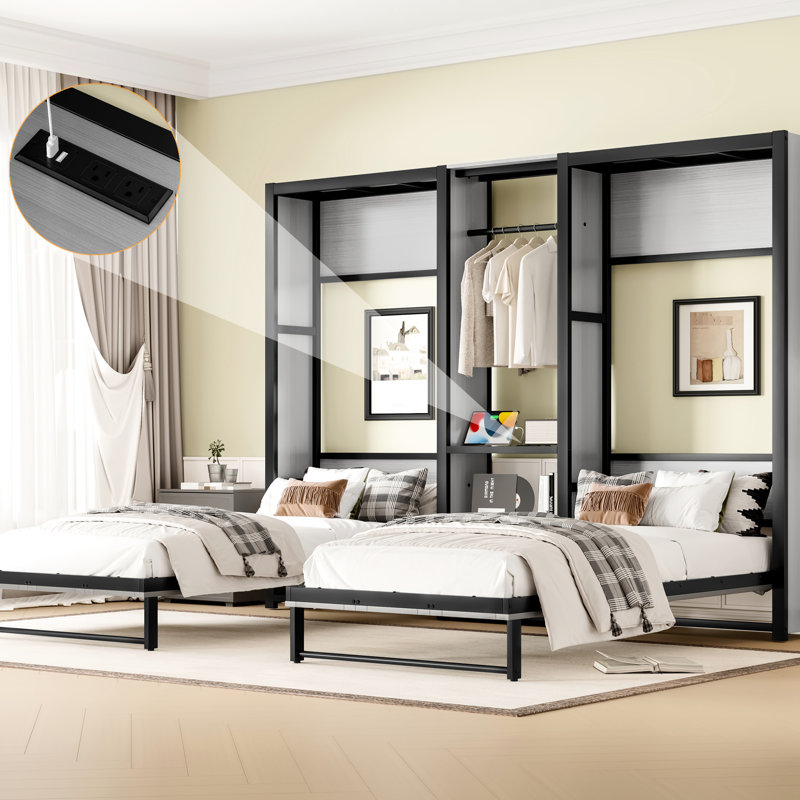 Lit simple Space, lit pliable en métal avec garde-robe, tablettes et prises de courant, design 2 en 1, gris pour chambres d'amis Petits espaces polyvalents