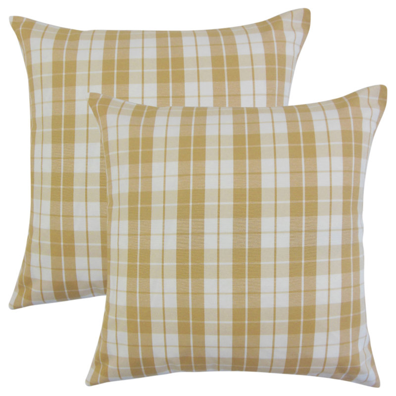 Plaid Feather Reversible Throw Pillow, Honey