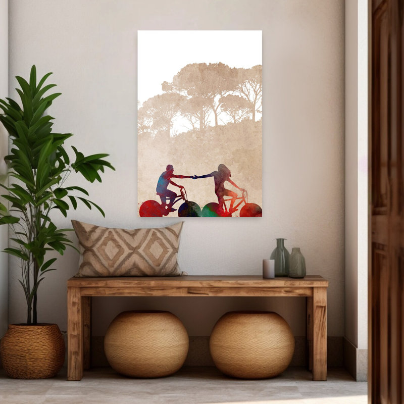 «Biking Couple main dans la main», art contemporain coloré, paysage contemporain, 48" H x 32" W