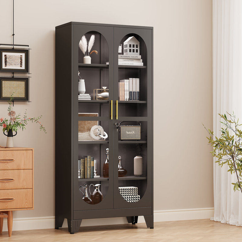 70.87"H Tall White Glass Display Cainbet with 4 Adjustable Shelves, Black
