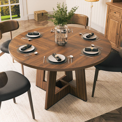 47'' Round Base Wood Farmhouse Dining Table for 4-6 People - Rustic Kitchen & Dining Room Table with Cross Legs