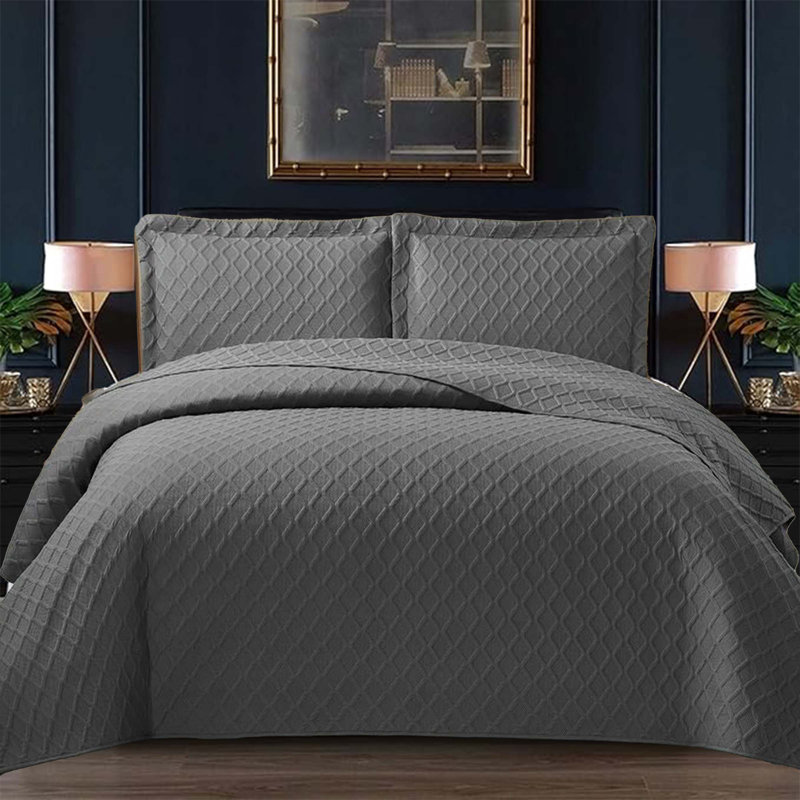 Bedspread Diamond Check Embossed Set with Pillow Shams, Textured All-Season Comfort, Single, Double, King & Super King, Grey