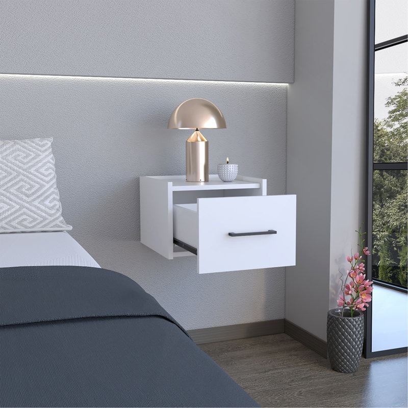 Floating Nightstand, Space-Saving Design With Handy Drawer And Surface, White, White