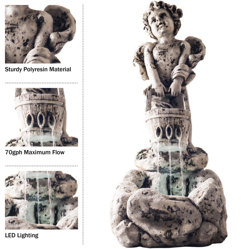 Hertel Outdoor Water Fountain With LED Lights, Lighted Cherub Angel Fountain With Antique Stone Design for Decor on Patio, Lawn and Garden By Pure Garden