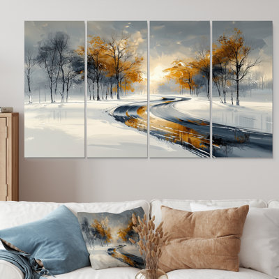 Gold And White Frosted Road In Winter III - Winter Landscape Canvas Wall Art Set