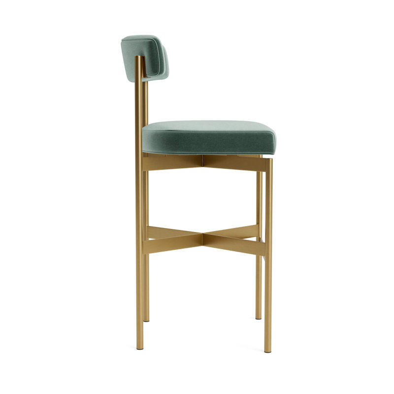 Remy Bar Stool, Performance Velvet - Jade, Brushed Brass, Bar Stool (31” Seat Height)