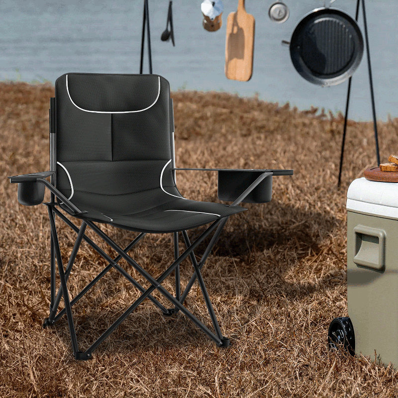 Outdoor Camping Chair, Folding Lawn Chair Armchair With Cooler Bag, Cup Holder And Adjustable Height