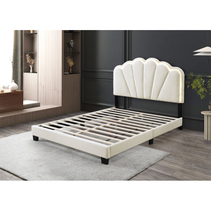 Fabric LED Light HB Platform Bed W/ LED Light & Chunky Leg (Fully Slated), California King, Beige