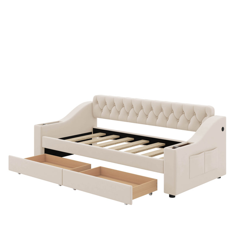 Twin Size Upholstered Daybed With Storage Armrests And USB Port, Beige