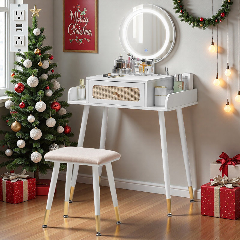 Ridaa Small Makeup Vanity Table Set with 3 Modes Brightness Adjustable Lighted Mirror, Compact Vanity Desk with Charging Station & Cushioned Stool, Dressing Table for Bedroom Apartment with Storage Drawer, for Kid Gift