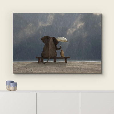 Whimsical Animal " Elephant And Dog Sit Under The Rain Friendship "