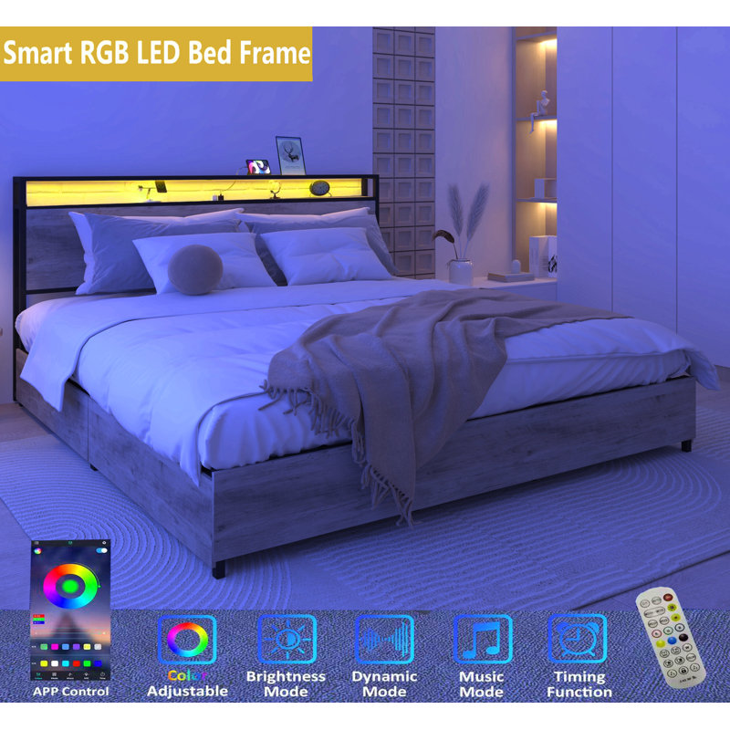 Bed Frame, Storage Headboard With Charging Station, Solid And Stable, Noise Free, No Box Spring Needed, Easy Assembly, King