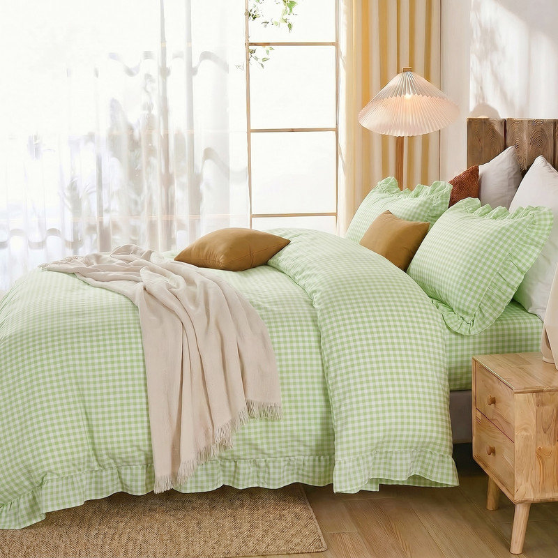 Ensemble de housse de couette de luxe 100% coton de très grande taille - Vichy vert avec bords à volants, ensemble de literie respirant doux 3 pièces, fermeture à glissière et 8 attaches de coin