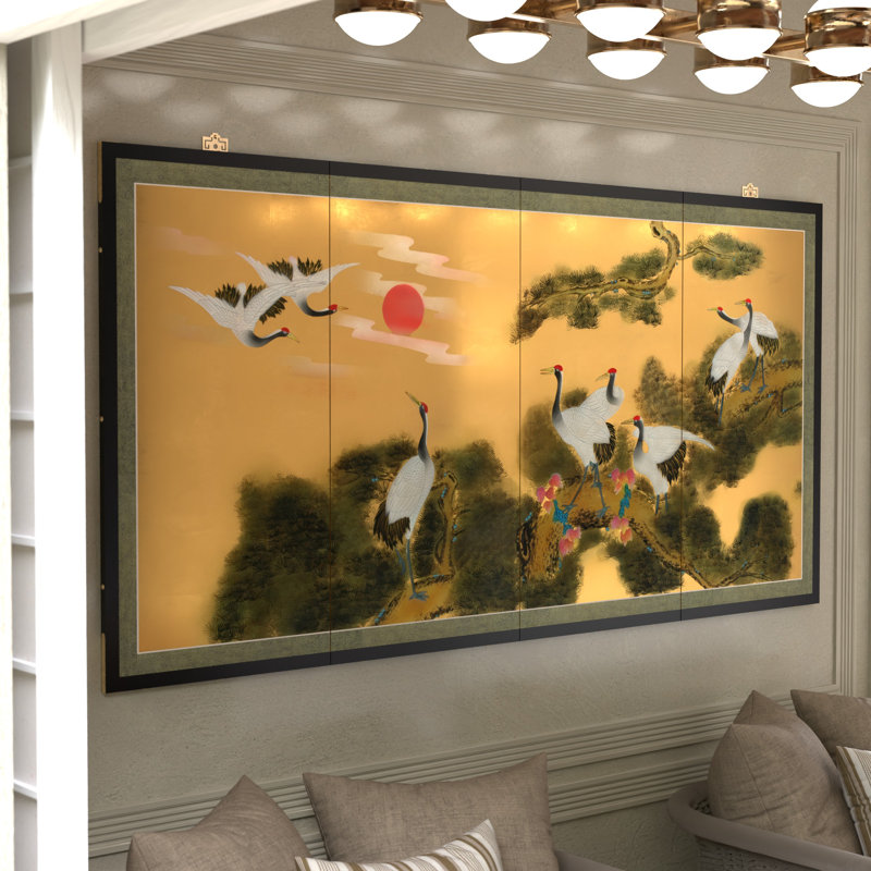 Peinture chinoise sur paravent en feuille d'or, Coucher de soleil