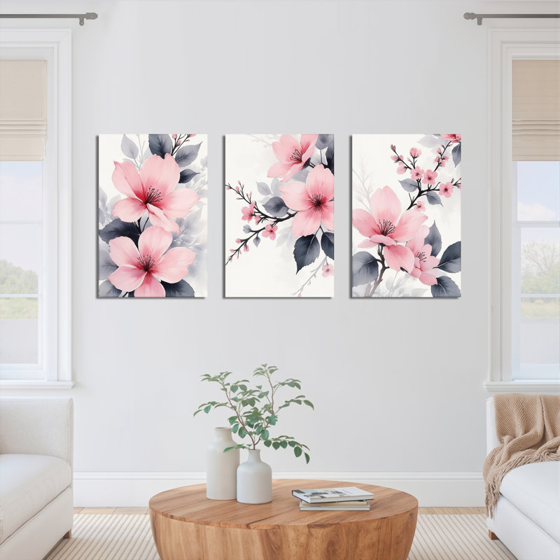 «Pink Floral» et feuille grise sur toile tendue, reproduction d'aquarelle (ensemble de 3), H 18 po x l 36 po