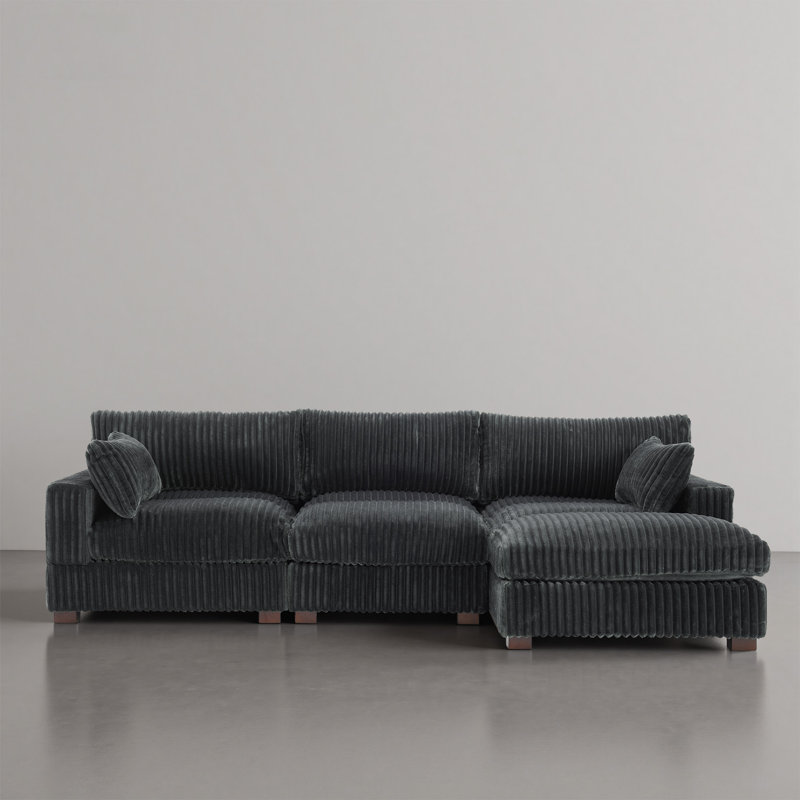 3 - Piece Upholstered Gray Faux Rabbit Fur Flannel Reversible Modular Sofa Living Room Sectional Couch with Pillows