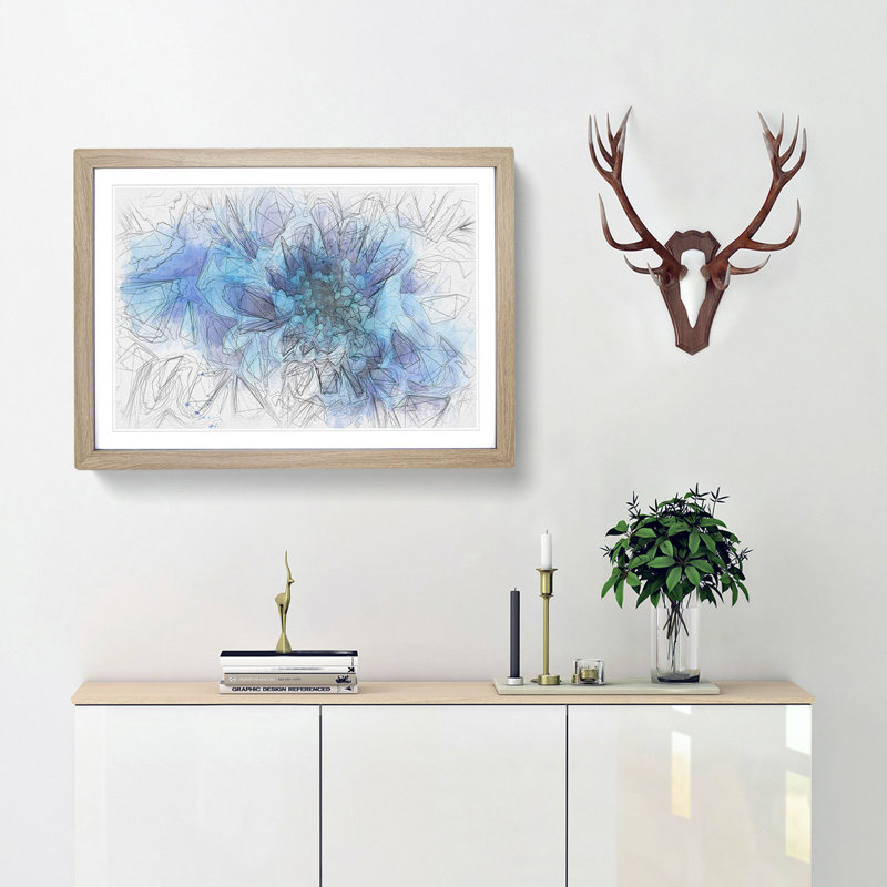 Blue Dahlia Flower - Picture Frame Graphic Art Print, 40cm H x 60cm W x 2cm D, Oak Framed