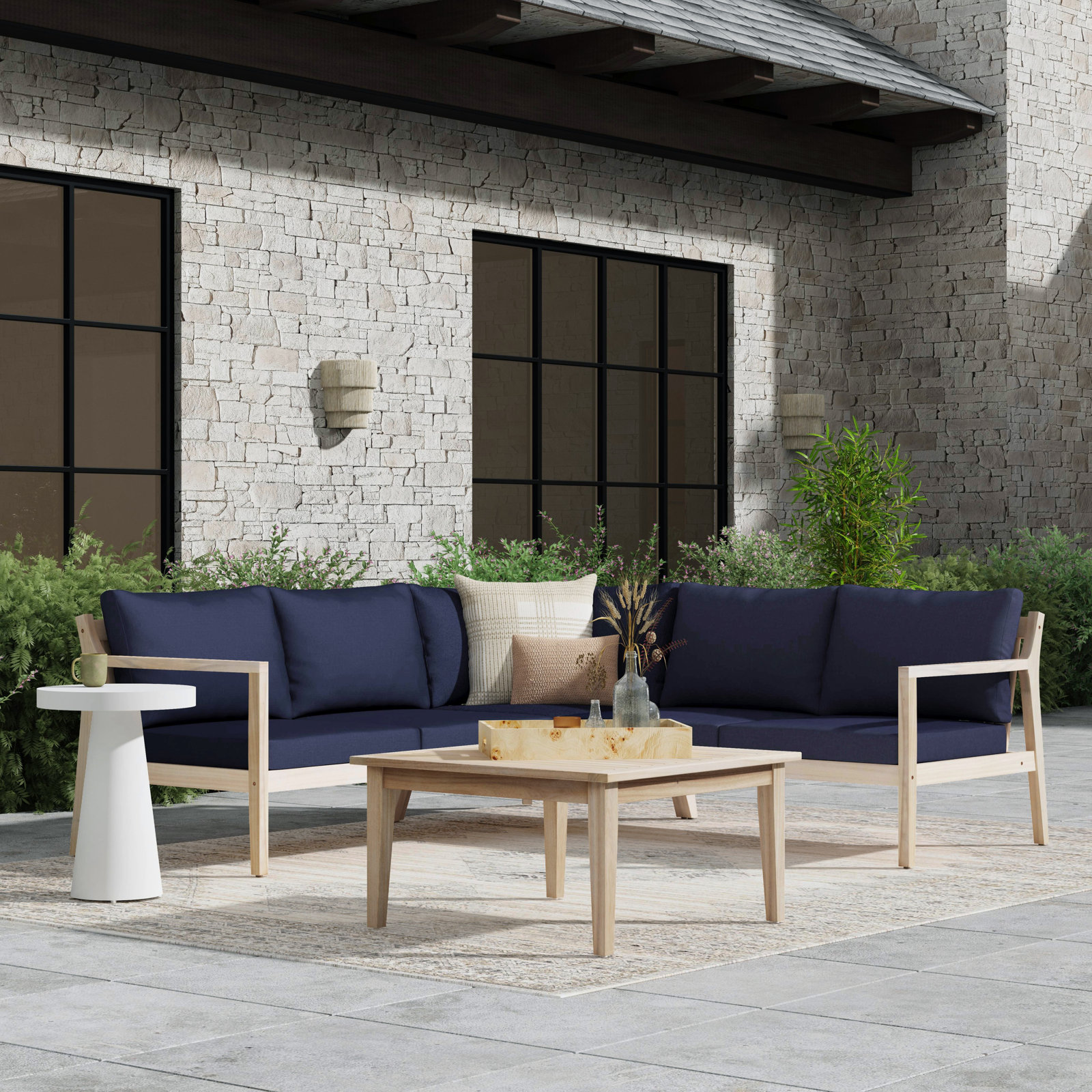 Amina 5-Person Acacia Patio Seating Group, Navy Performance Olefin