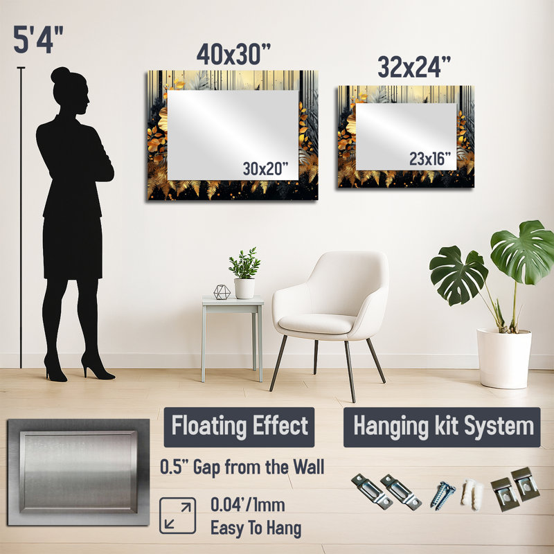 Fougères dorées modernes dans la forêt I - Art mural miroir décoratif floral - imprimé sur métal, 24 po x 32 po