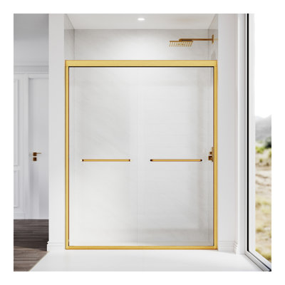 Porte de douche coulissante en verre de l 56 à 60 po x H 72 po, porte de douche réglable sans cadre, verre trempé transparent épais et certifié, poignées en acier inoxydable 304, or brossé