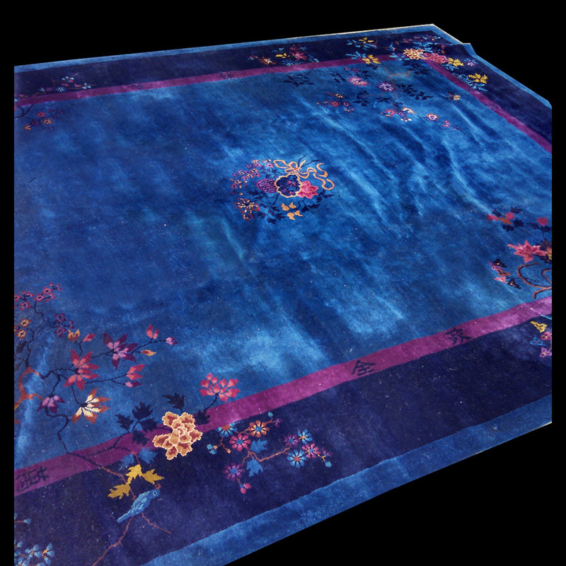 Floral Medallion Antique Hand Knotted Pile 1920s Wool Blue Rectangle Rug