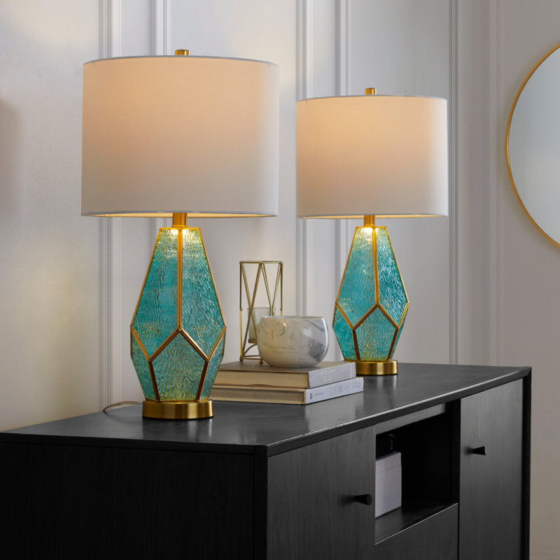 Lampe de table en métal doré avec abat-jour en verre turquoise et lin blanc - ensemble de 2, Or / turquoise / blanc