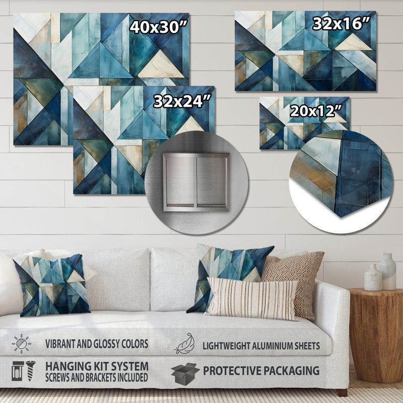 Nautique, formes géométriques blanches et bleues I - Art mural géométrique en métal MT132913, H 16 po x l 32 po x P 1 po