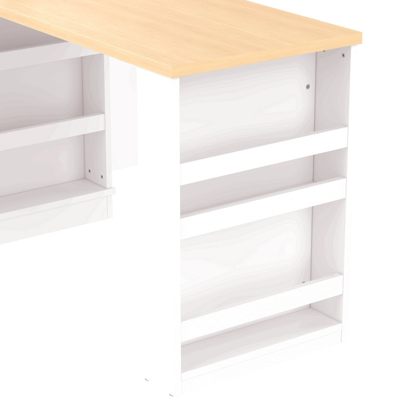 Console d'îlot extensible avec tiroirs, armoire à deux portes et tablettes ouvertes