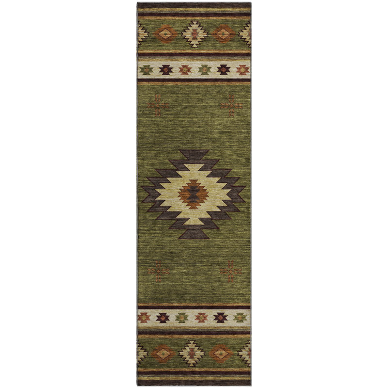 Premium Machine Washable Yamen AMF179 Spice Rug in , Green, Runner 2'3" x 7'6"