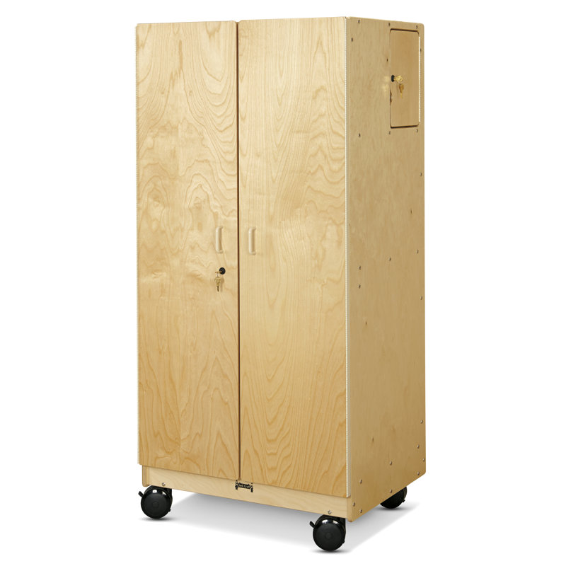 Large Beige Wood Mobile Storage Cabinet with Lockable Doors