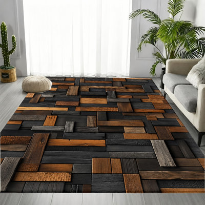 Modern Wood Plank Area Rug, Dark Brown Black Wood Grain Geometric Pattern, Soft Durable, Non-Slip Machine Washable Floor Carpet, Stylish Indoor Home Decor for Living Room, Bedroom, Entryway, Kitchen, Apartment