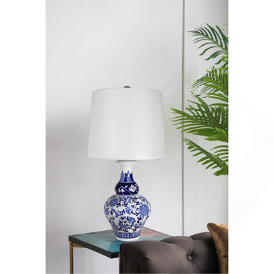 Lampe de vase ronde en céramique bleue et blanche D14x27,6 "