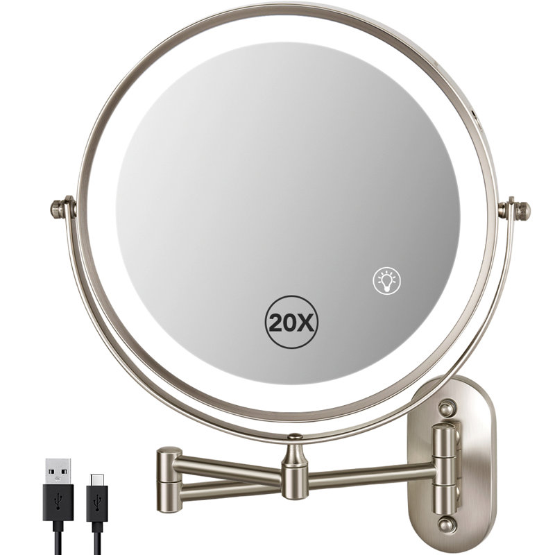 8.5" Round Metal Led Wall Mounted Makeup Mirror, Rechargeable 1X/20X Magnifying Bathroom Vanity Mirror, Nickel