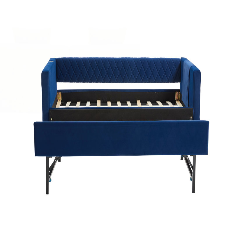 Navy Velvet Daybed with Sturdy Wooden Frame, Modern Diamond Grid Pull-Out Design for Versatile Home Use, Navy