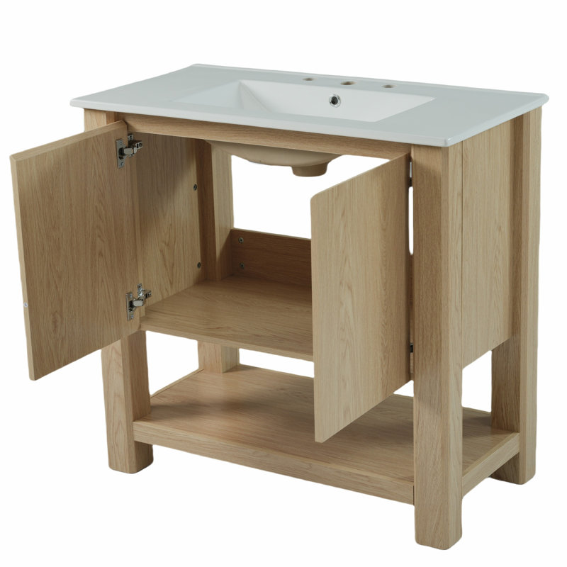 Meuble-lavabo moderne avec lavabo rectangulaire en céramique, Naturel antique