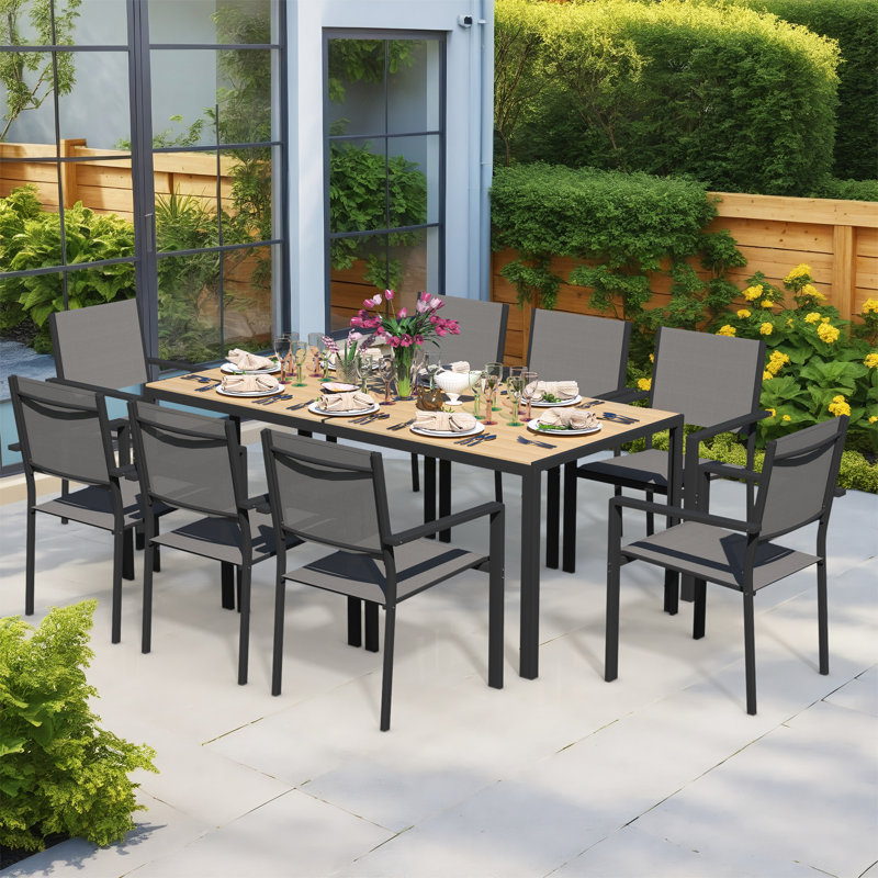 9-Piece Outdoor Dining Set with Rectangular Table and 8 Stackable  Textile Chairs, Brown