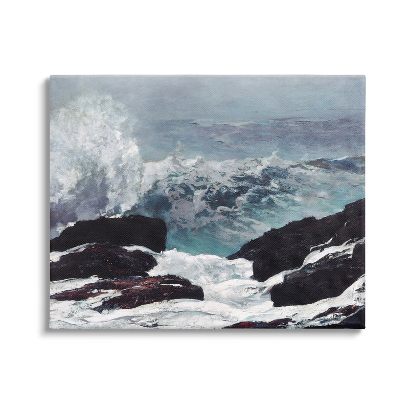 Crashing Waves Ocean Rocks Cliff Rough Waters par Lettered And Lined - peinture sur toile tendue, L 40 po x H 30 po