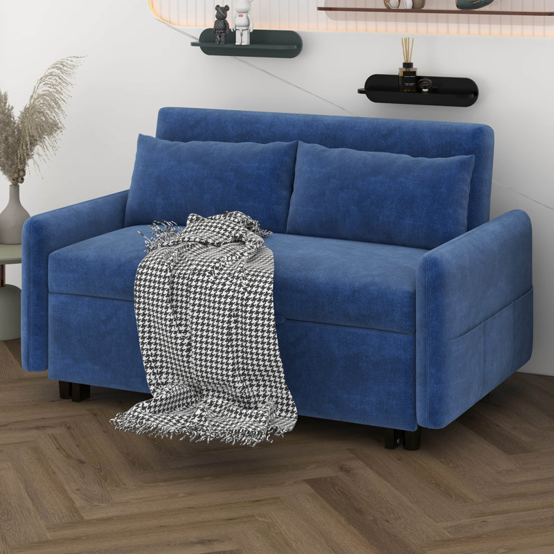 Canapé-lit avec canapé-lit 55,1 po avec dossier ajustable, poches de rangement, 2 coussins moelleux, ports USB, Bleu