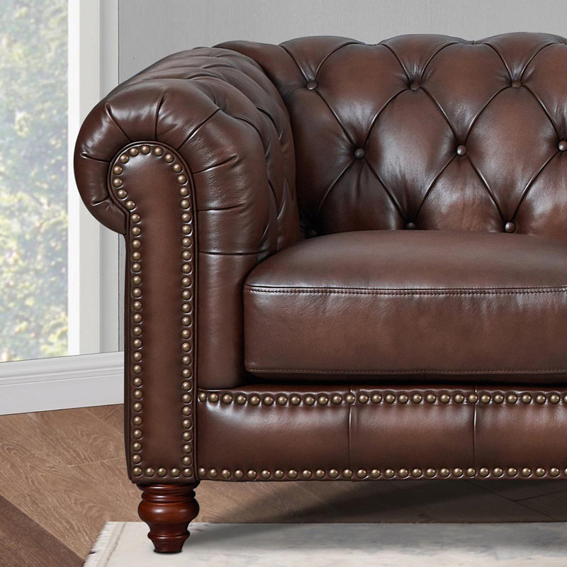 Caramel Brown Leather Tufted Chesterfield Sectional Sofa with Rolled Arms