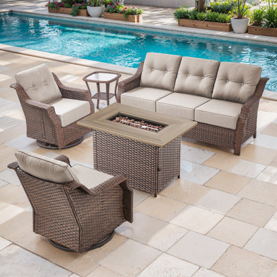 Acton 5 - Pieces Outdoor Wicker Sofa Seating Group With 6" Thick Cushions And Fire Pit