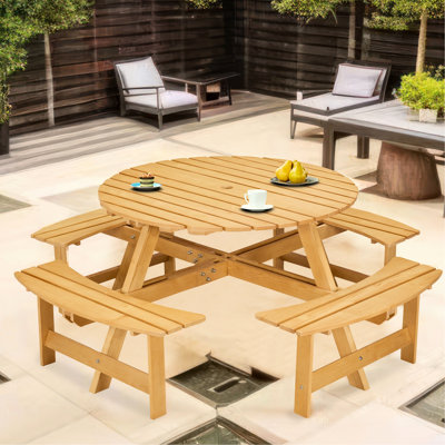 Table de pique-nique d'extérieur pour 8 personnes avec 4 bancs. Bancs en bois naturel à bord lisse, naturel, pour patio, cour arrière, jardin