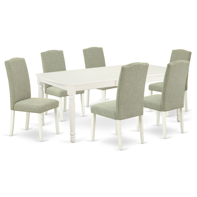 7 Piece Dining Room Set Consist of a Rectangle Wooden Table with Butterfly Leaf and 6 Dark Shitake Linen Fabric Parson Dining Chairs, Linen White