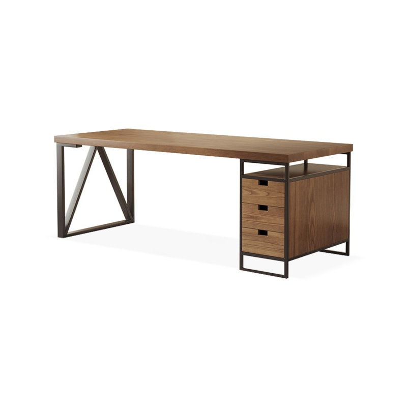 Bureau 3 tiroirs noyer clair + bois massif noir rectangulaire + fer + acier au carbone, H 29,53 po x l 62,99 po x P 23,62 po