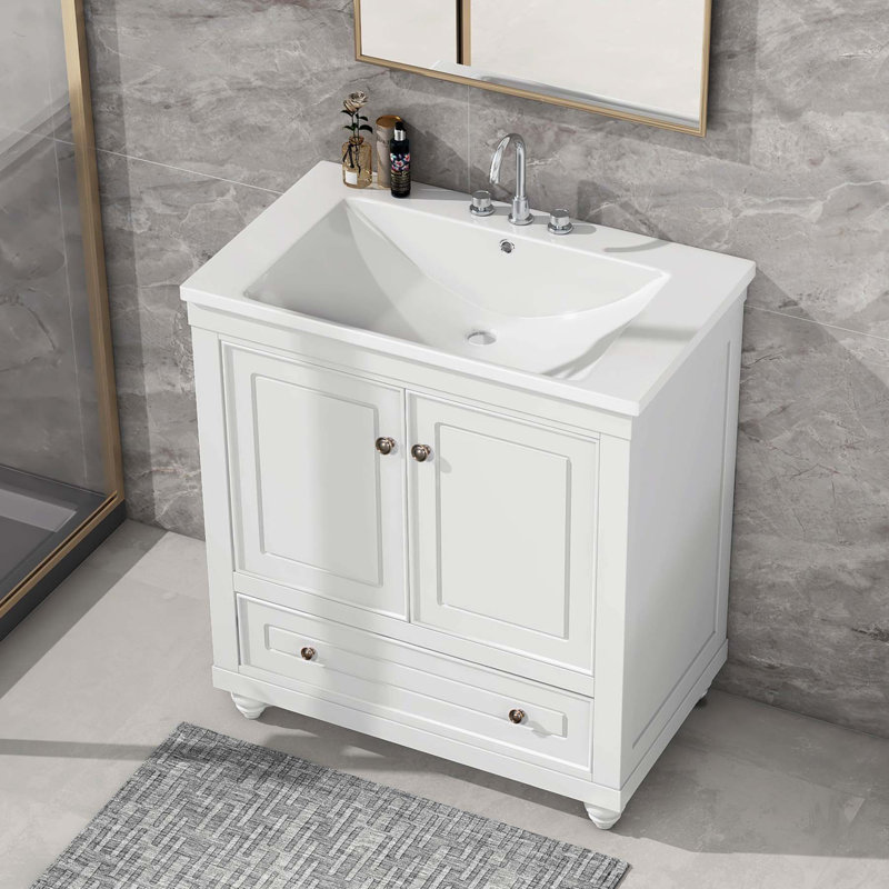 White 30" Freestanding Bathroom Vanity with Drawer and Doors