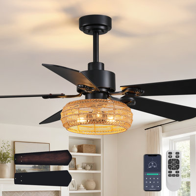 52 Inch Boho Black Rattan Ceiling Fans with Lights and Remote Control Included Reversible 5 Dual-Blade for Dining Room or Bedroom or Living Room or Patio